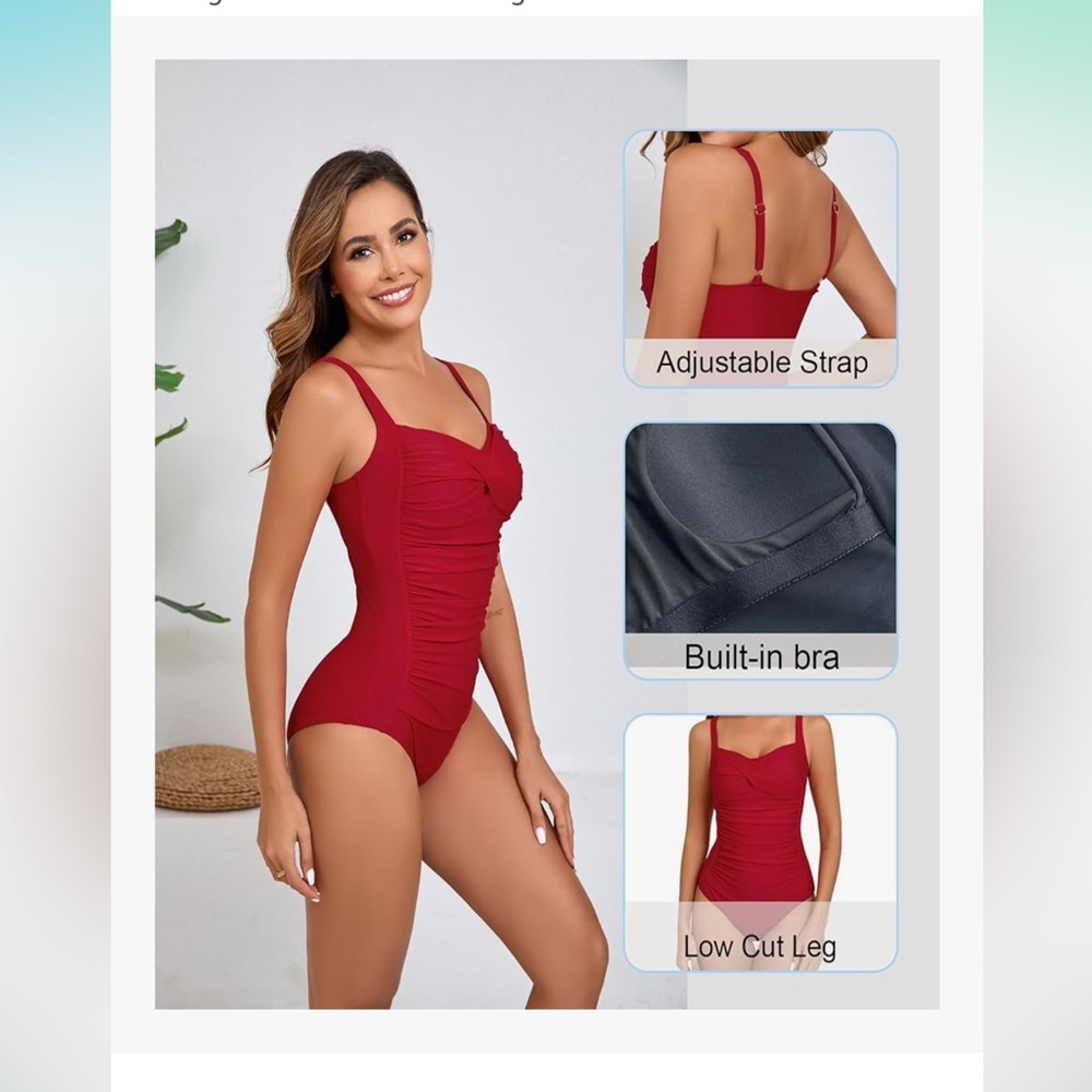 Women's Red Ruched One-Piece Swimsuit - Picture 2 of 9